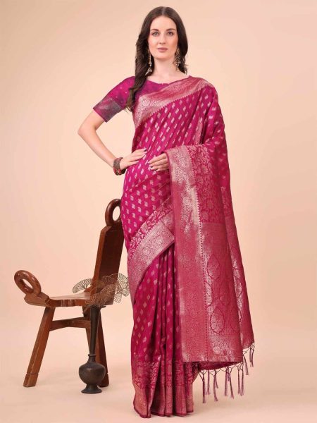 Rani Pink Woven Silk Blend Saree