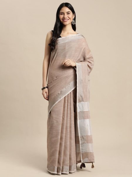 Tortilla Brown Handwoven Pure Linen Saree.