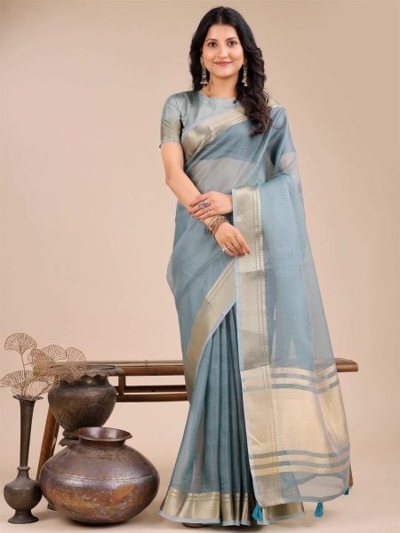 Dusty Blue Seoul Organza Saree.
