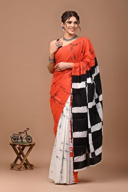 Orange and Black Batik Mulmul Cotton Saree