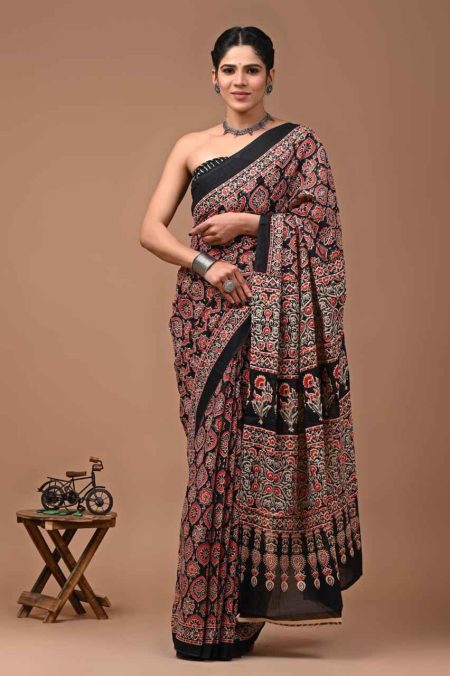 Black Ajrakh Hand-Block Mul Mul Cotton Saree.