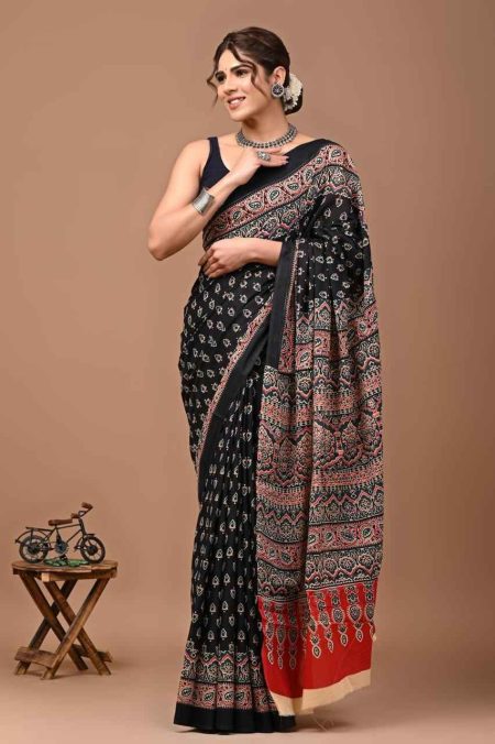 Black Ajrakh  Print  Cotton Saree