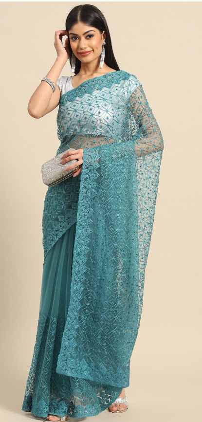 Threadwork Embroidery Net Saree.