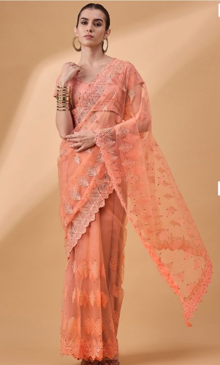 Orange Net Floral Party Wear Saree