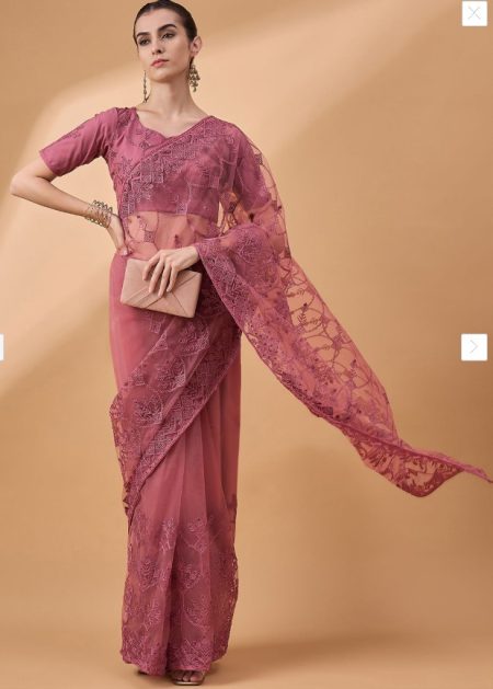 Light Maroon Net Embroidered Saree.