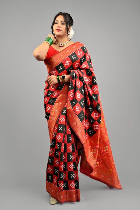 ITISKA Royal Vermilion Checkered Silk Saree